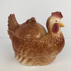 VTG‎ Mid Century FAPCO Ceramic Hen & Chick Ceramic Cookie Jar Brown Red